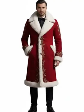 Luxury Red Fur Trim Embroidered Long Christmas Coat for Men Front Look