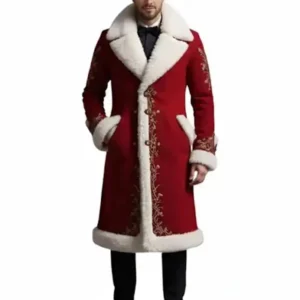 Luxury Red Fur Trim Embroidered Long Christmas Coat for Men Front Look