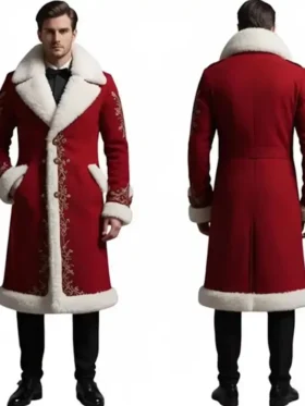 Luxury Red Fur Trim Embroidered Long Christmas Coat for Men
