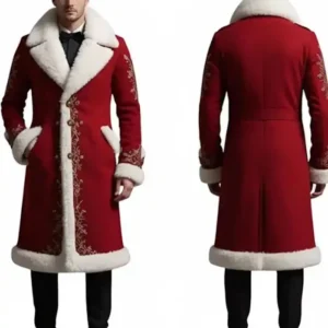 Luxury Red Fur Trim Embroidered Long Christmas Coat for Men