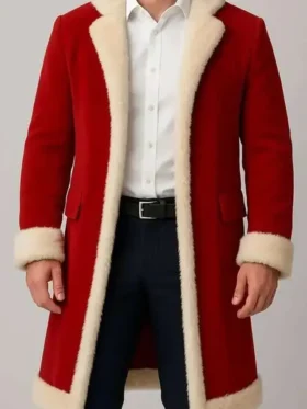 Men Red Christmas Fur Trim Coat Front Look