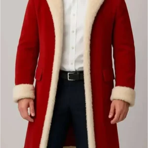 Men Red Christmas Fur Trim Coat Front Look