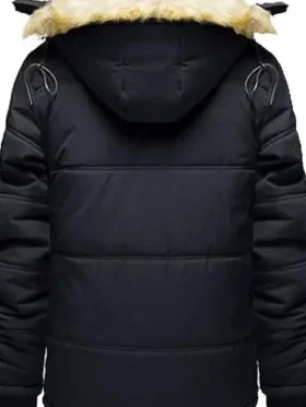 Men’s Fur‑Lined Black Puffer Jacket Detachable Hood Back Look