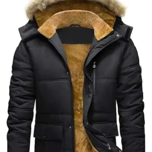 Men’s Fur‑Lined Black Puffer Jacket Detachable Hood Front Look