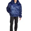 Mens Navy Blue Faux Fur Hooded Bomber Jacket