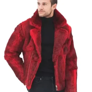Mens Red Faux Fur Biker Jacket