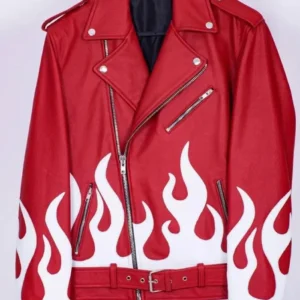 Meteor Flames Leather Biker Jacket Red Color Front Look