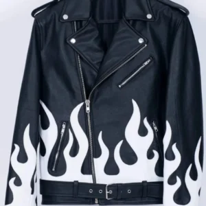 Meteor Flames Leather Biker Jacket Black Color Front Look
