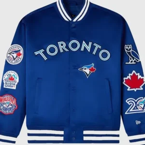 OVO × New Era × MLB Toronto Varsity Jacket Front Look