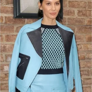 Olivia Munn Blue Leather Jacket