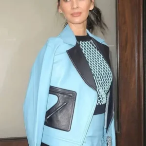 Olivia Munn Blue Leather Jacket