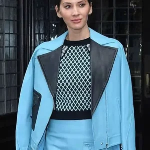 Olivia Munn Blue Leather Jacket