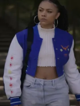 Power Book II Ghost S04 Effie Blue and White Varsity Jacket Front Look