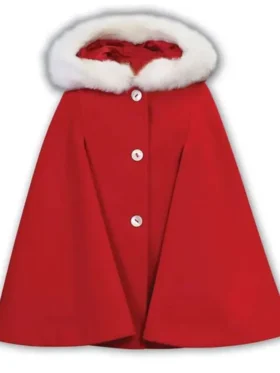 Red Winter Cape With White Faux Fur Collar