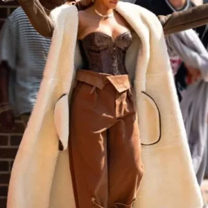 Rihanna Brown Shearling Trench Coat