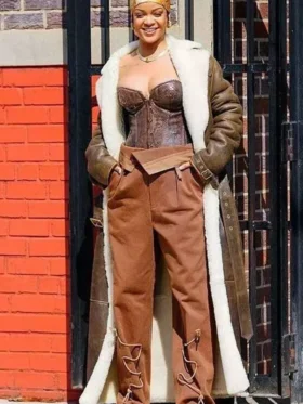 Rihanna Brown Shearling Trench Coat