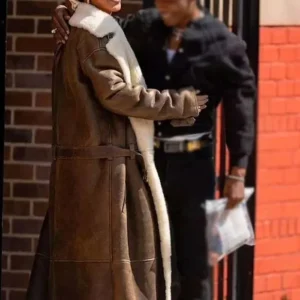 Rihanna Brown Shearling Trench Coat Back Look