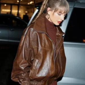 Taylor Swift NYC Brown Leather Jacket Front