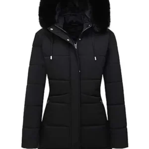 Women Black Puffer Parka Jacket Front Look