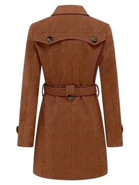 Women Brown Double Breasted Winter Mid Length Coat Back look
