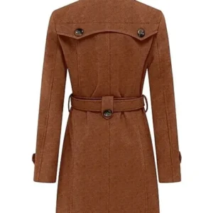 Women Brown Double Breasted Winter Mid Length Coat Back look