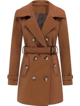 Women Brown Double Breasted Winter Mid Length Coat Front Look