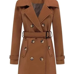 Women Brown Double Breasted Winter Mid Length Coat Front Look