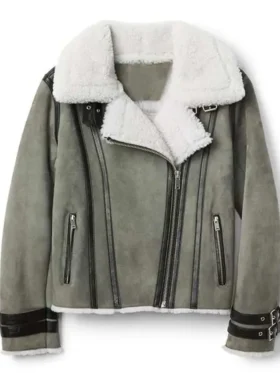 Women’s Bomber Grey Shearling Suede Leather Jacket Front look