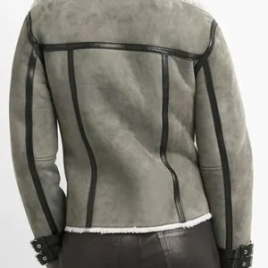 Women’s Bomber Grey Shearling Suede Leather Jacket Back look