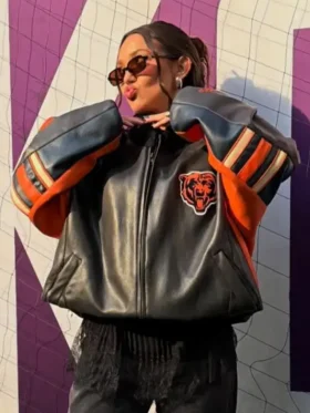 Alannah Davidson Chicago Bears Leather Jacket Front look