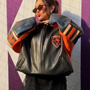Alannah Davidson Chicago Bears Leather Jacket Front look