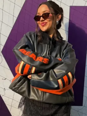 Alannah Davidson Chicago Bears Leather Jacket Front look