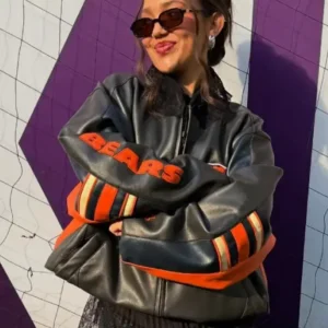 Alannah Davidson Chicago Bears Leather Jacket Front look