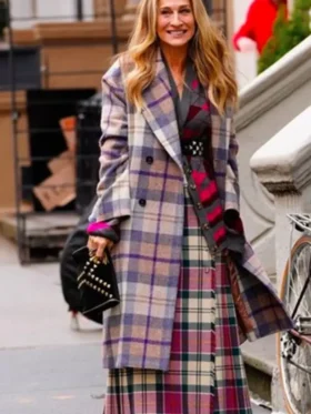 And Just Like That S2 Carrie Bradshaw Plaid Coat Front Look