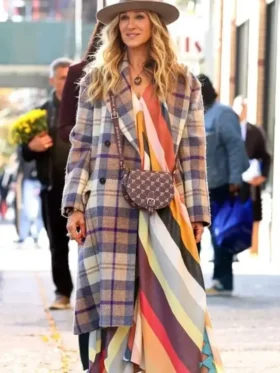 And Just Like That S2 Carrie Bradshaw Plaid Coat Front Look