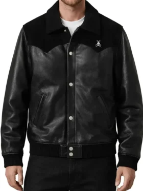 Black Leather Suede Bomber Jacket Front Look