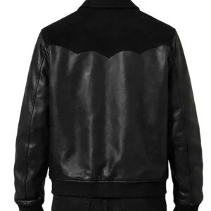 Black Leather Suede Bomber Jacket Back Look