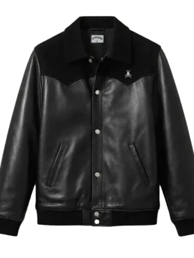Black Leather Suede Bomber Jacket Front Look
