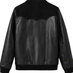 Black Leather Suede Bomber Jacket Back Look