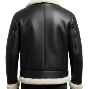Black Leather White Fur Shearling Bomber Jacket Back Look
