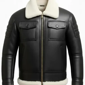 Black Leather White Fur Shearling Bomber Jacket Front Look