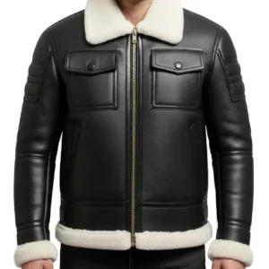 Black Leather White Fur Shearling Bomber Jacket Front Look