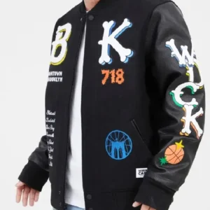 Brooklyn 718 Downtown Black Varsity Jacket For Mens Front Look