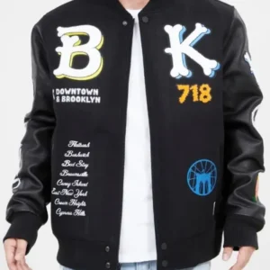Brooklyn 718 Downtown Black Varsity Jacket For Mens Front Look