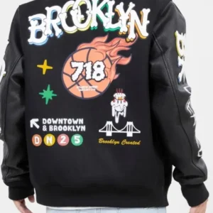 Brooklyn 718 Downtown Black Varsity Jacket For Mens Back Look