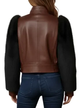 Brown Leather Black Fur Sleeve Jacket Back Look