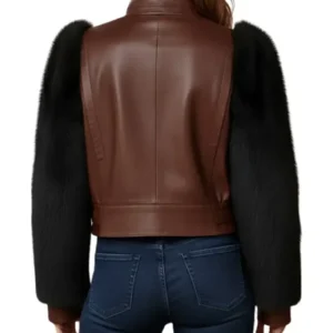 Brown Leather Black Fur Sleeve Jacket Back Look
