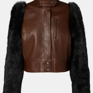 Brown Leather Black Fur Sleeve Jacket Front Look