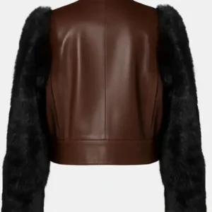 Brown Leather Black Fur Sleeve Jacket Back look