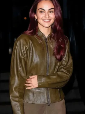 Camila Mendes SNL 2025 Olive Green Leather Jacket Front Look